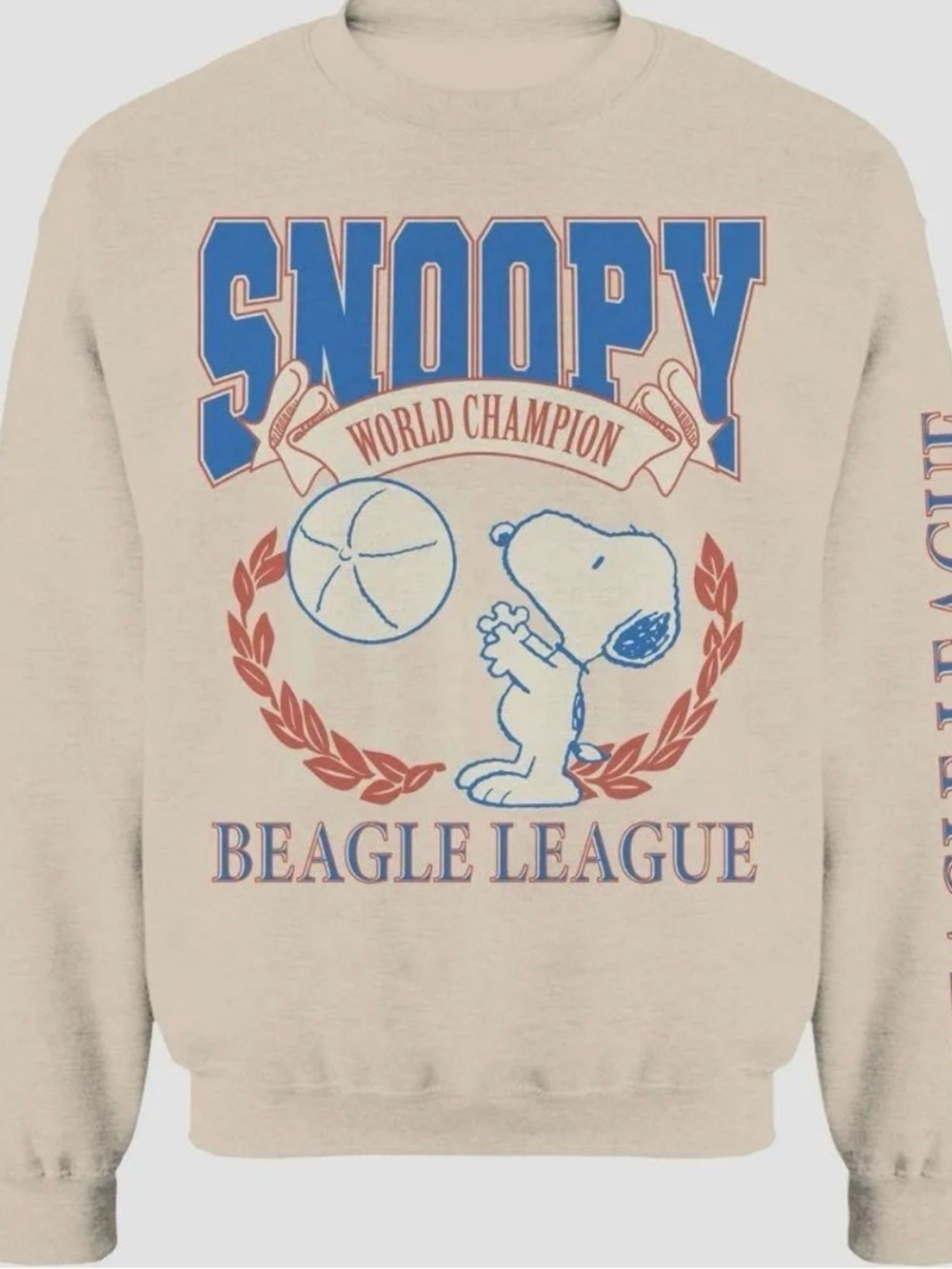 Peanuts Snoopy Beagle League Cream Sweatshirt with Blue and Red Graphics